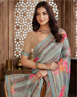 Vishal Prints Pastel Teal Green Digital Print Chiffon Brasso Saree With Fancy Border