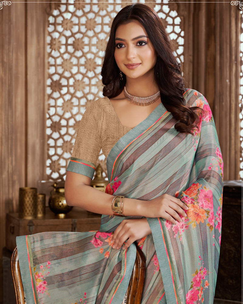 Vishal Prints Pastel Teal Green Digital Print Chiffon Brasso Saree With Fancy Border