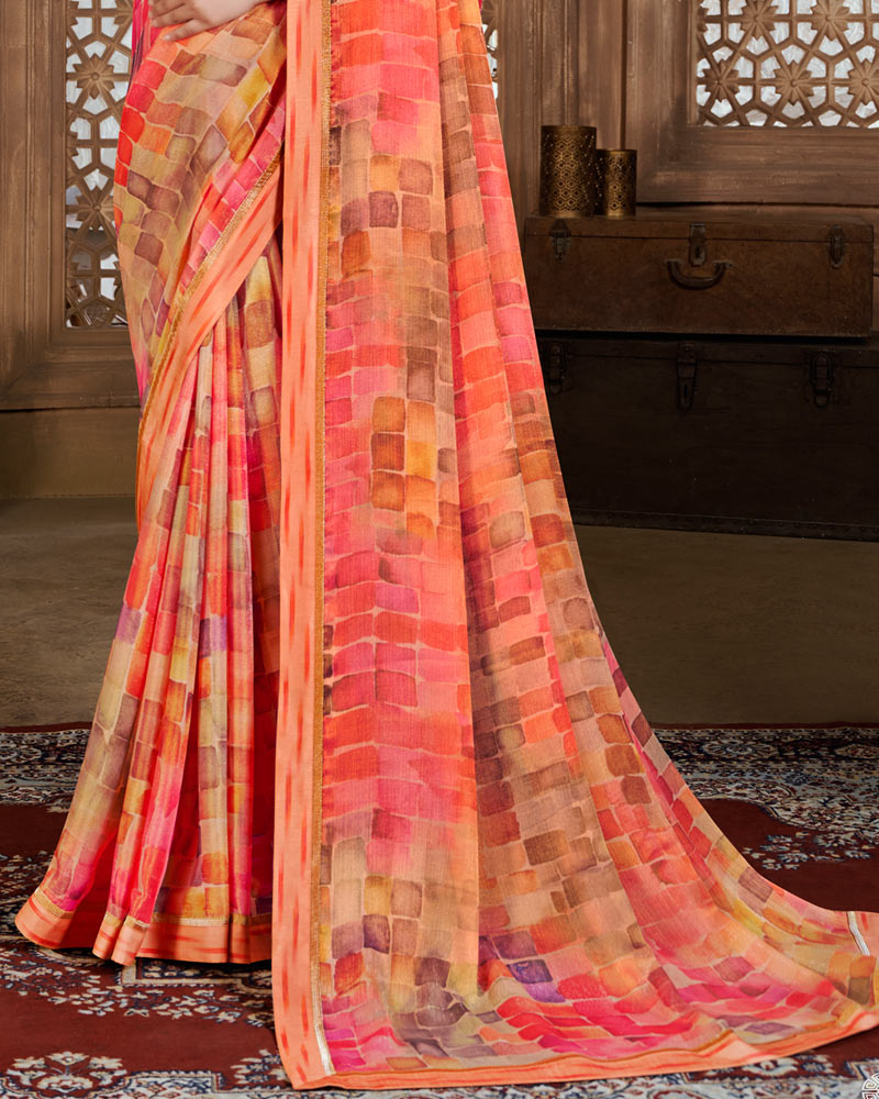Vishal Prints Coral Pink Digital Print Chiffon Brasso Saree With Fancy Border