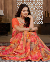 Vishal Prints Coral Pink Digital Print Chiffon Brasso Saree With Fancy Border