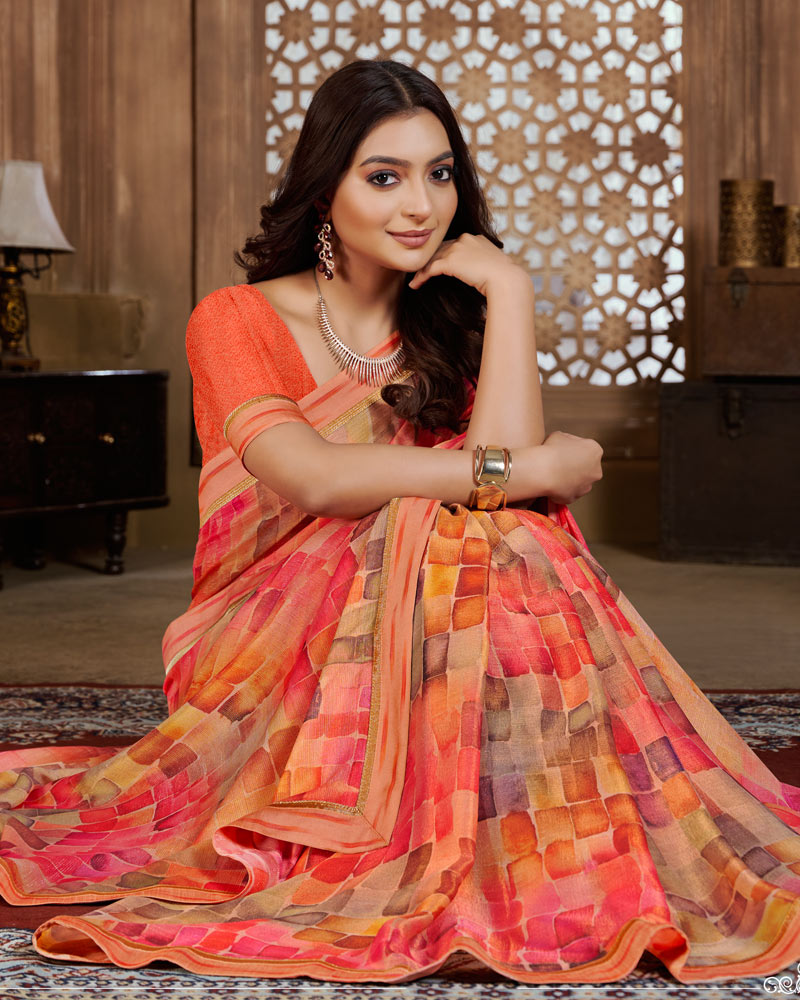 Vishal Prints Coral Pink Digital Print Chiffon Brasso Saree With Fancy Border