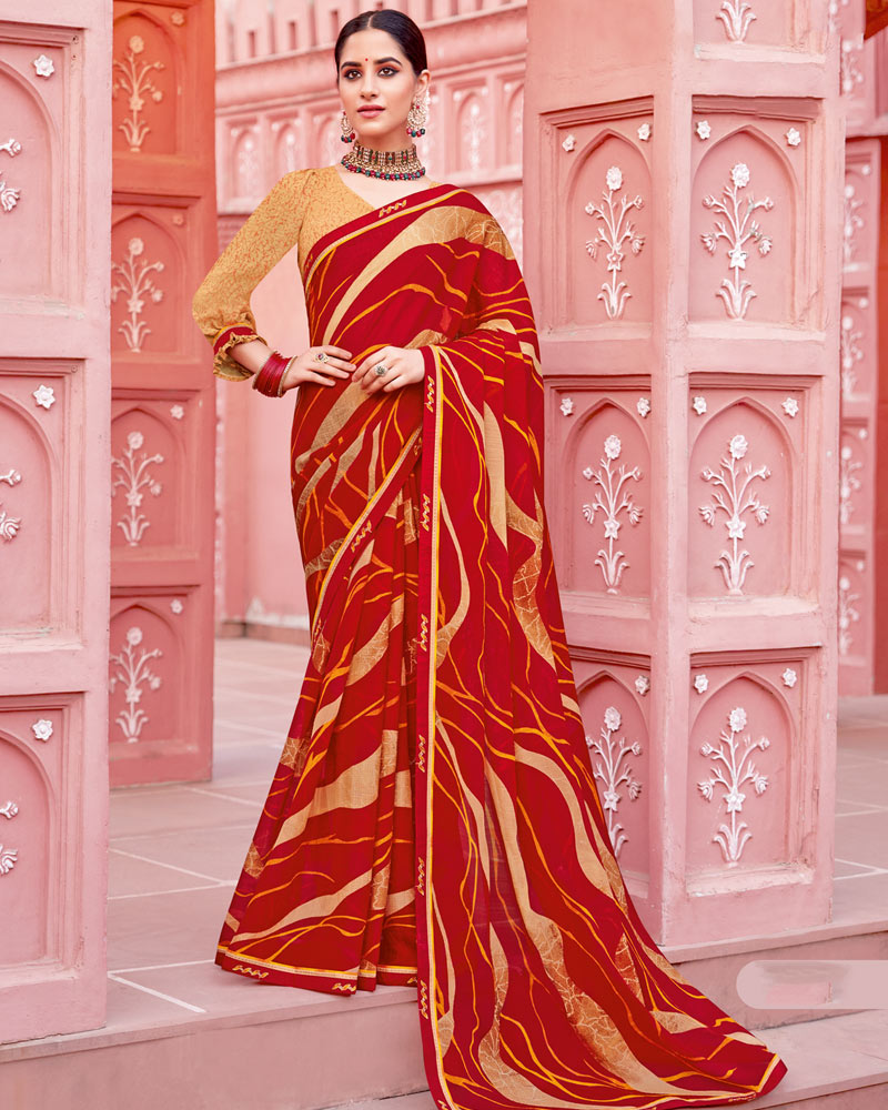 Vishal Prints Dark Red Printed Chiffon Saree With Fancy Border