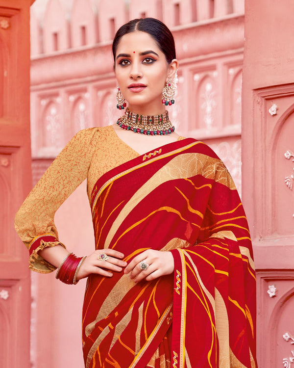 Vishal Prints Dark Red Printed Chiffon Saree With Fancy Border