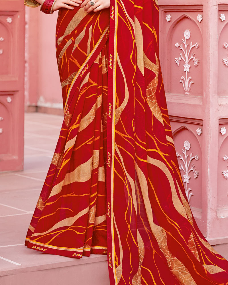 Vishal Prints Dark Red Printed Chiffon Saree With Fancy Border