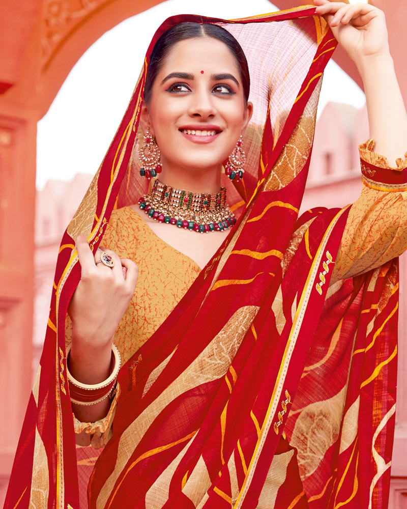 Vishal Prints Dark Red Printed Chiffon Saree With Fancy Border