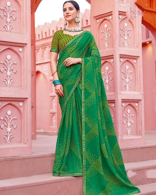 Vishal Prints Dark Green Printed Chiffon Saree With Fancy Border