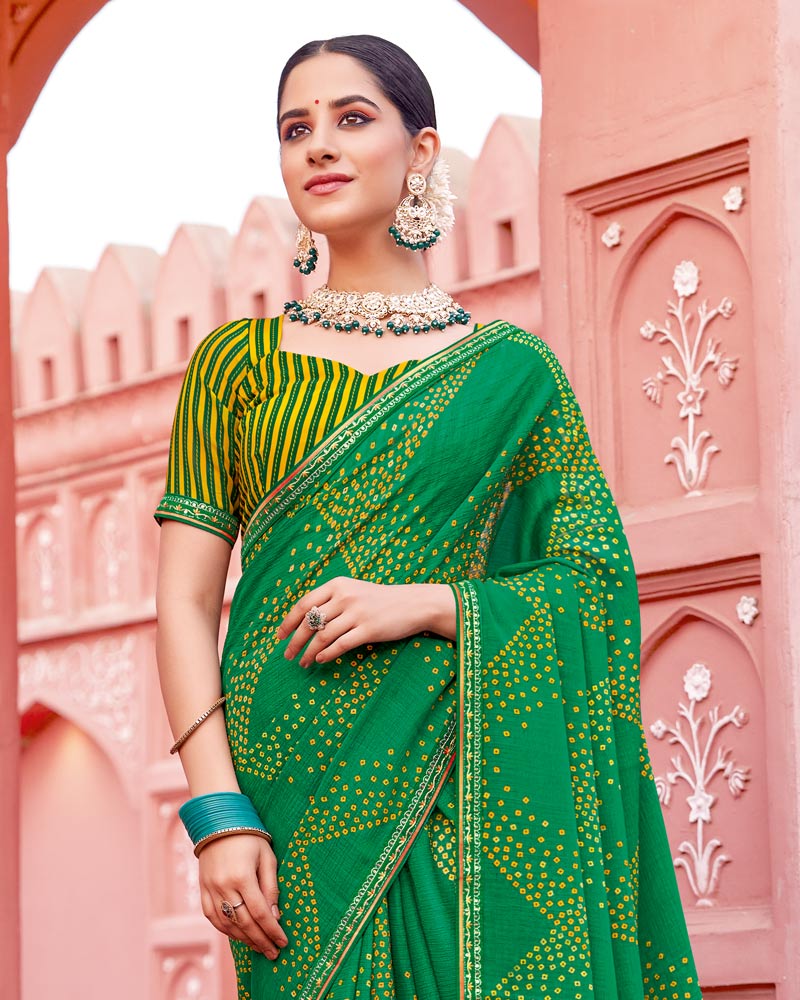 Vishal Prints Dark Green Printed Chiffon Saree With Fancy Border