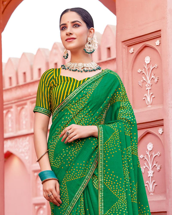 Vishal Prints Dark Green Printed Chiffon Saree With Fancy Border