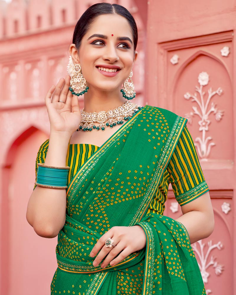 Vishal Prints Dark Green Printed Chiffon Saree With Fancy Border
