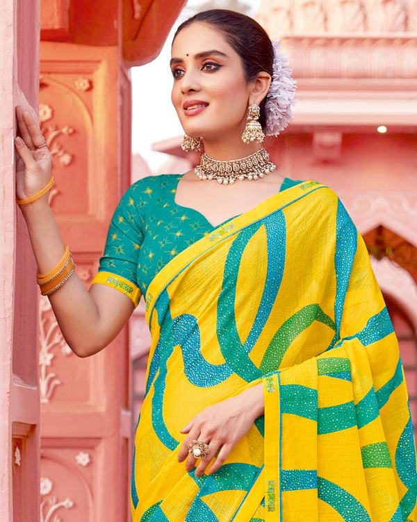 Vishal Prints Golden Yellow Printed Chiffon Saree With Fancy Border