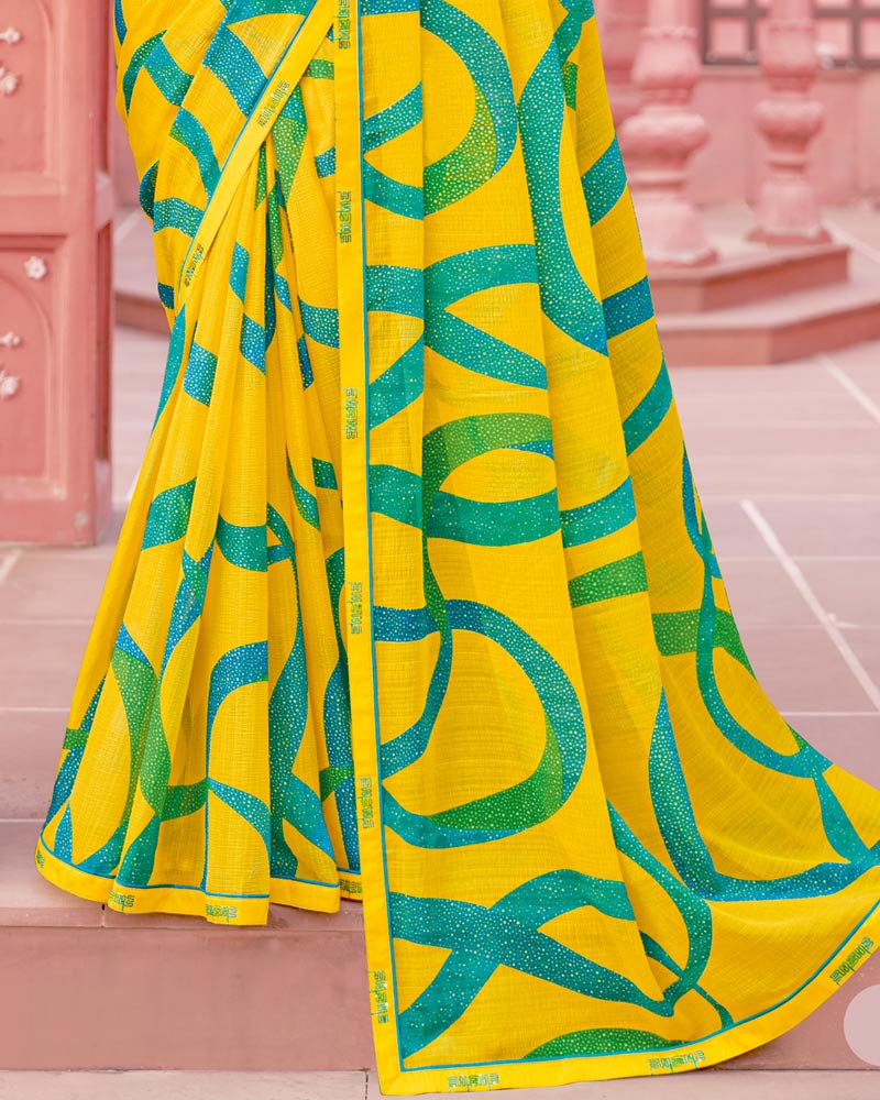 Vishal Prints Golden Yellow Printed Chiffon Saree With Fancy Border