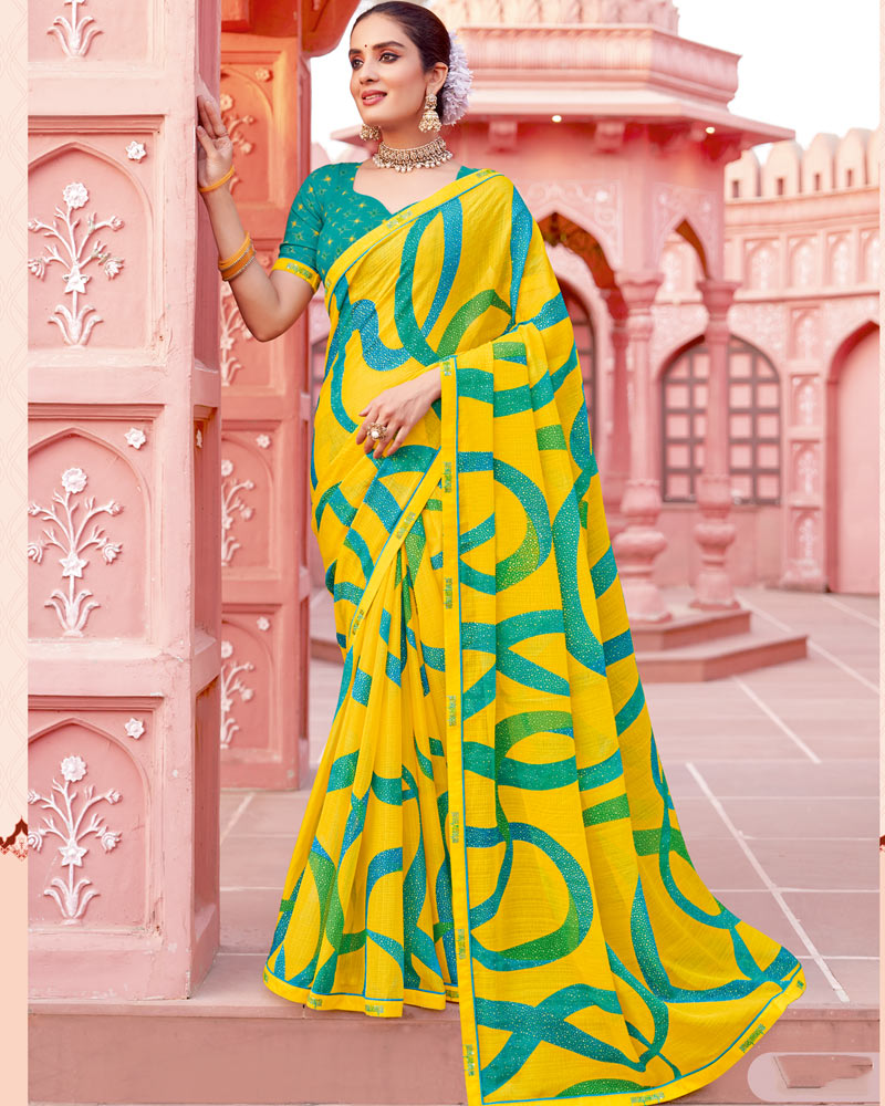 Vishal Prints Golden Yellow Printed Chiffon Saree With Fancy Border