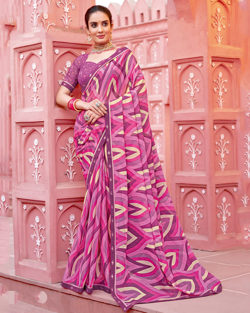 Vishal Prints Dark Mauve Printed Chiffon Saree With Fancy Border