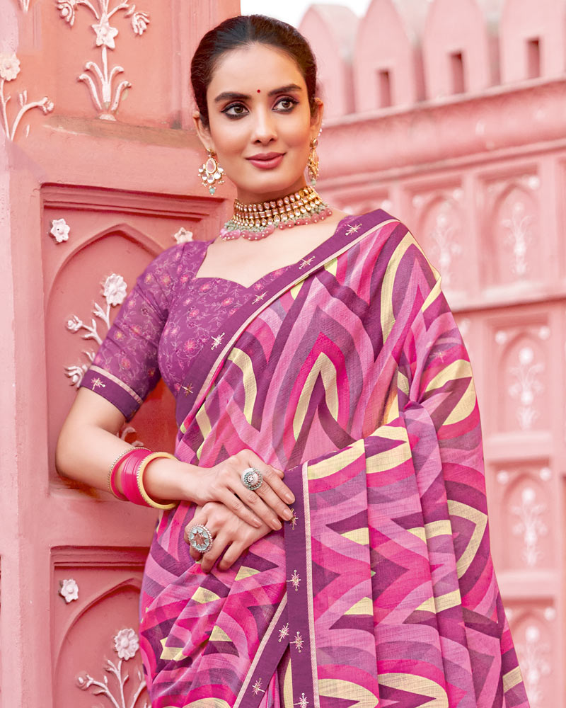 Vishal Prints Dark Mauve Printed Chiffon Saree With Fancy Border