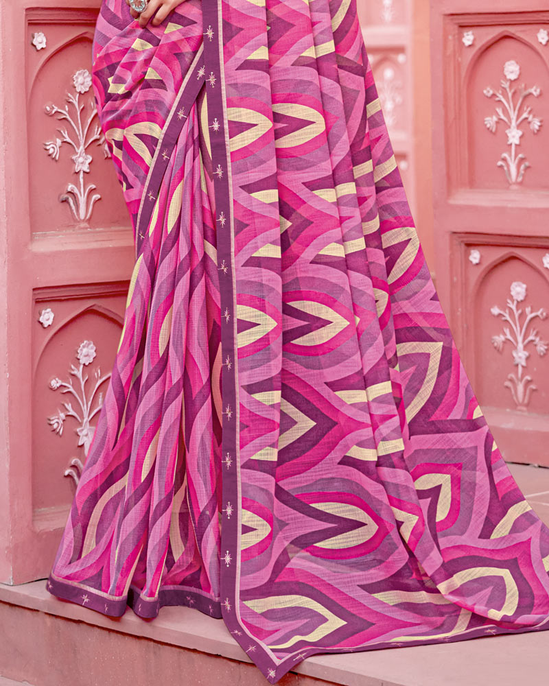 Vishal Prints Dark Mauve Printed Chiffon Saree With Fancy Border
