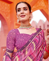 Vishal Prints Dark Mauve Printed Chiffon Saree With Fancy Border