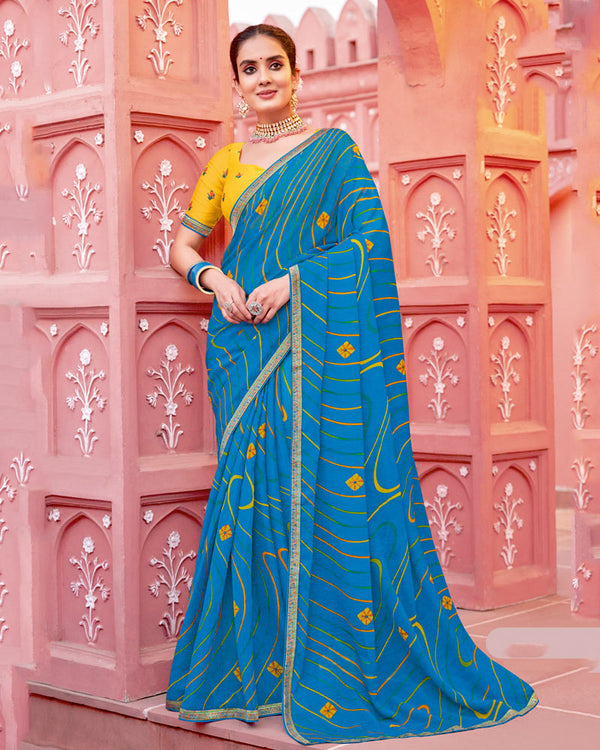 Vishal Prints French Blue Printed Chiffon Saree With Fancy Border