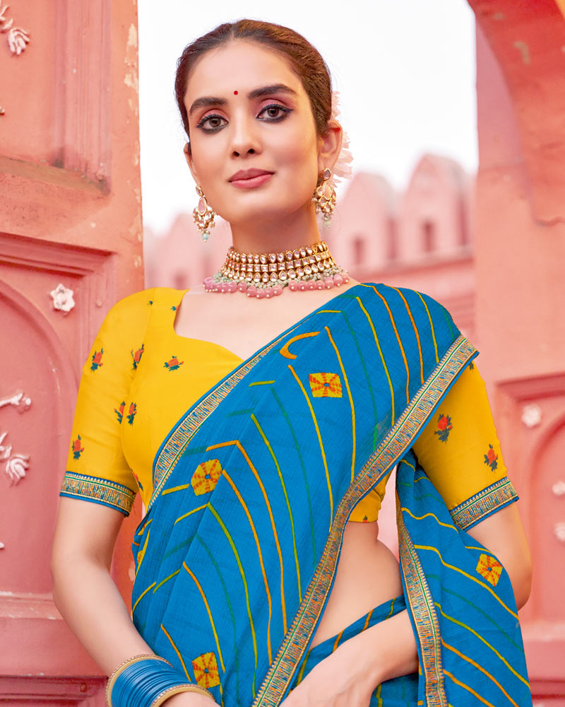 Vishal Prints French Blue Printed Chiffon Saree With Fancy Border