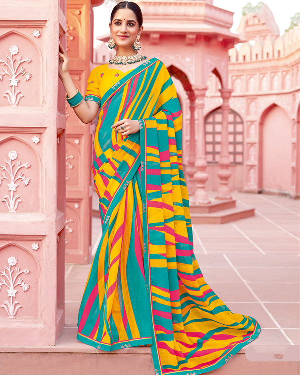 Vishal Prints Persian Green Printed Chiffon Saree With Fancy Border