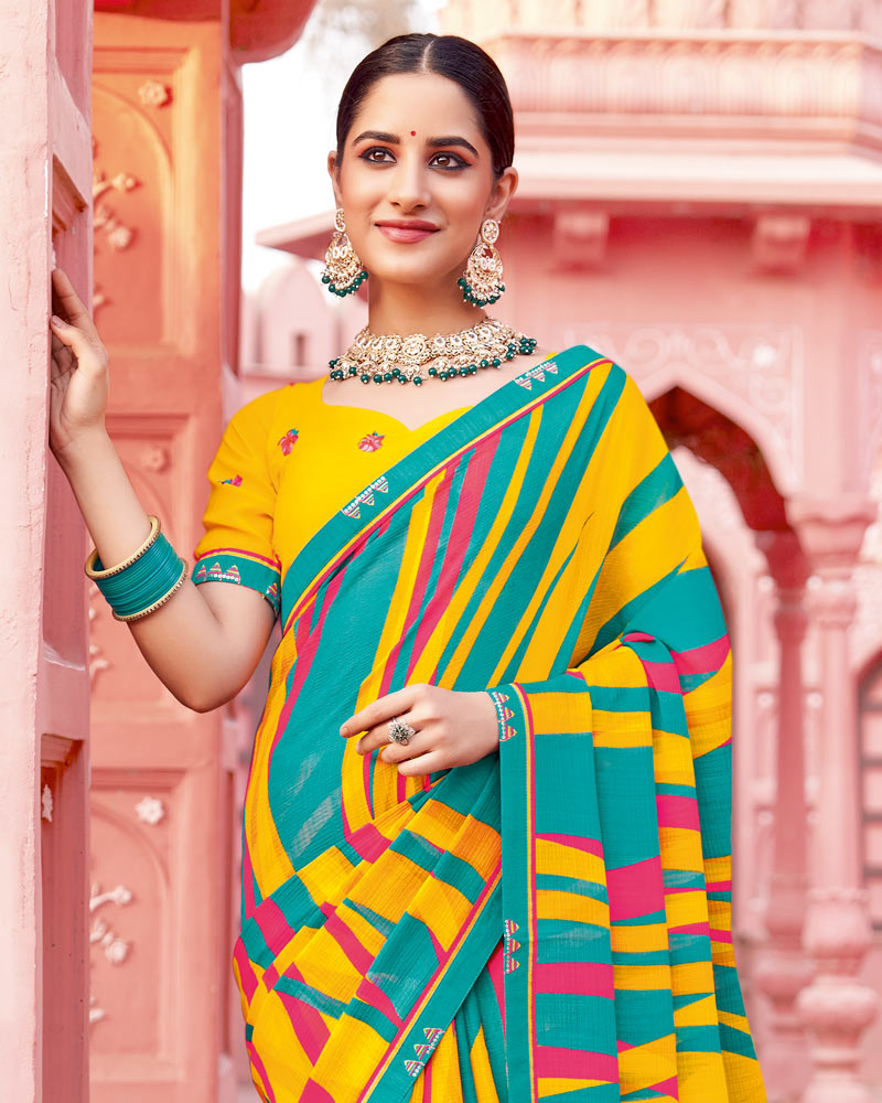 Vishal Prints Persian Green Printed Chiffon Saree With Fancy Border