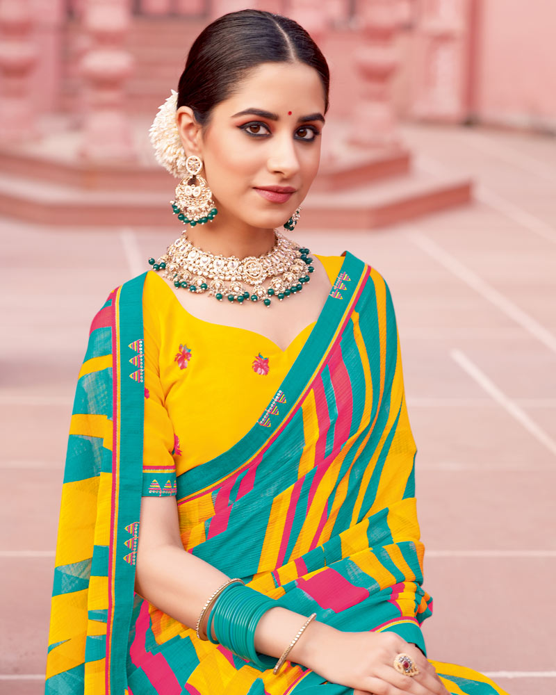 Vishal Prints Persian Green Printed Chiffon Saree With Fancy Border