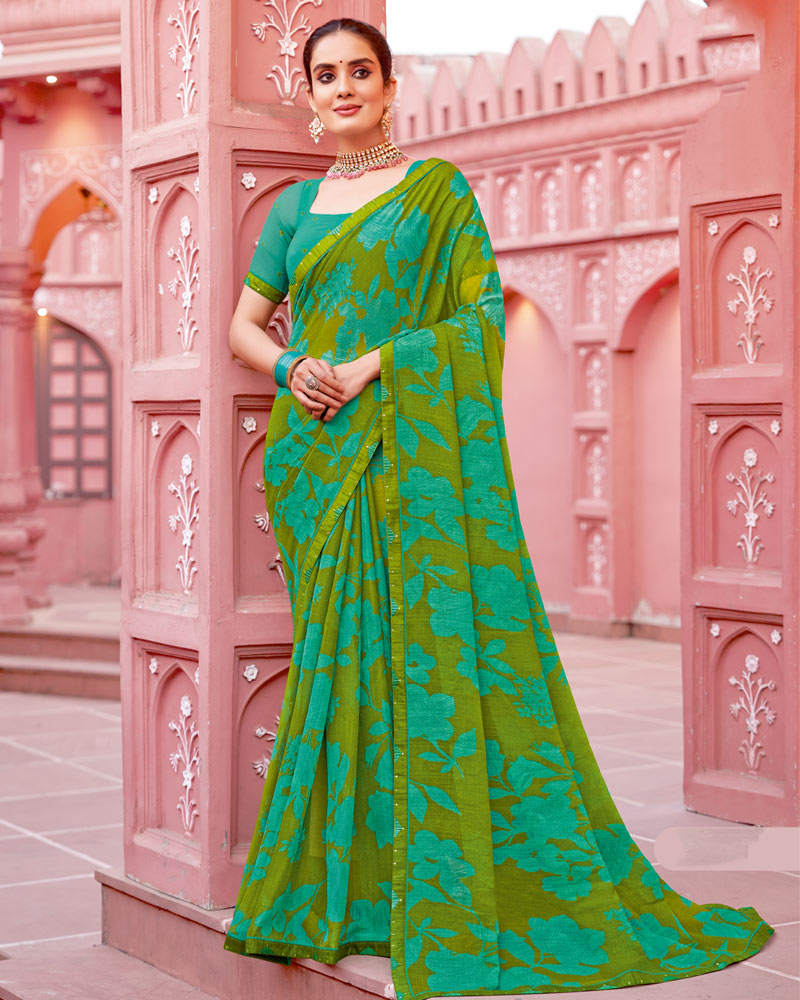 Vishal Prints Olive Green Printed Chiffon Saree With Fancy Border