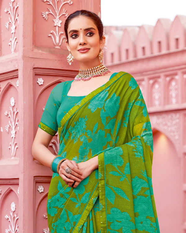 Vishal Prints Olive Green Printed Chiffon Saree With Fancy Border