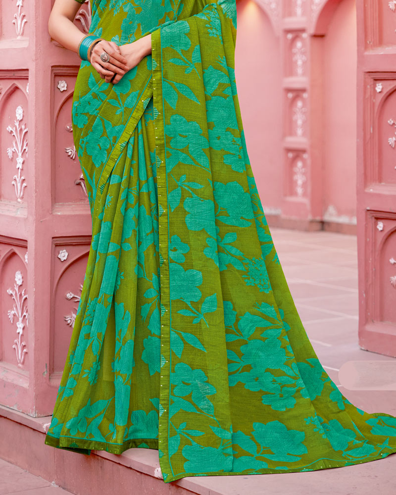 Vishal Prints Olive Green Printed Chiffon Saree With Fancy Border