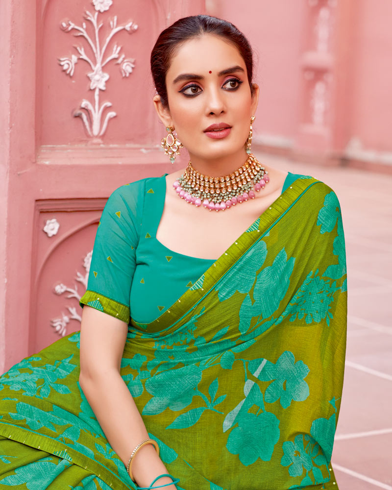 Vishal Prints Olive Green Printed Chiffon Saree With Fancy Border