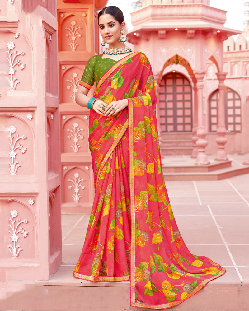 Vishal Prints Pastel Red Printed Chiffon Saree With Fancy Border