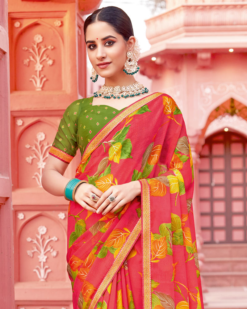 Vishal Prints Pastel Red Printed Chiffon Saree With Fancy Border