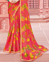Vishal Prints Pastel Red Printed Chiffon Saree With Fancy Border