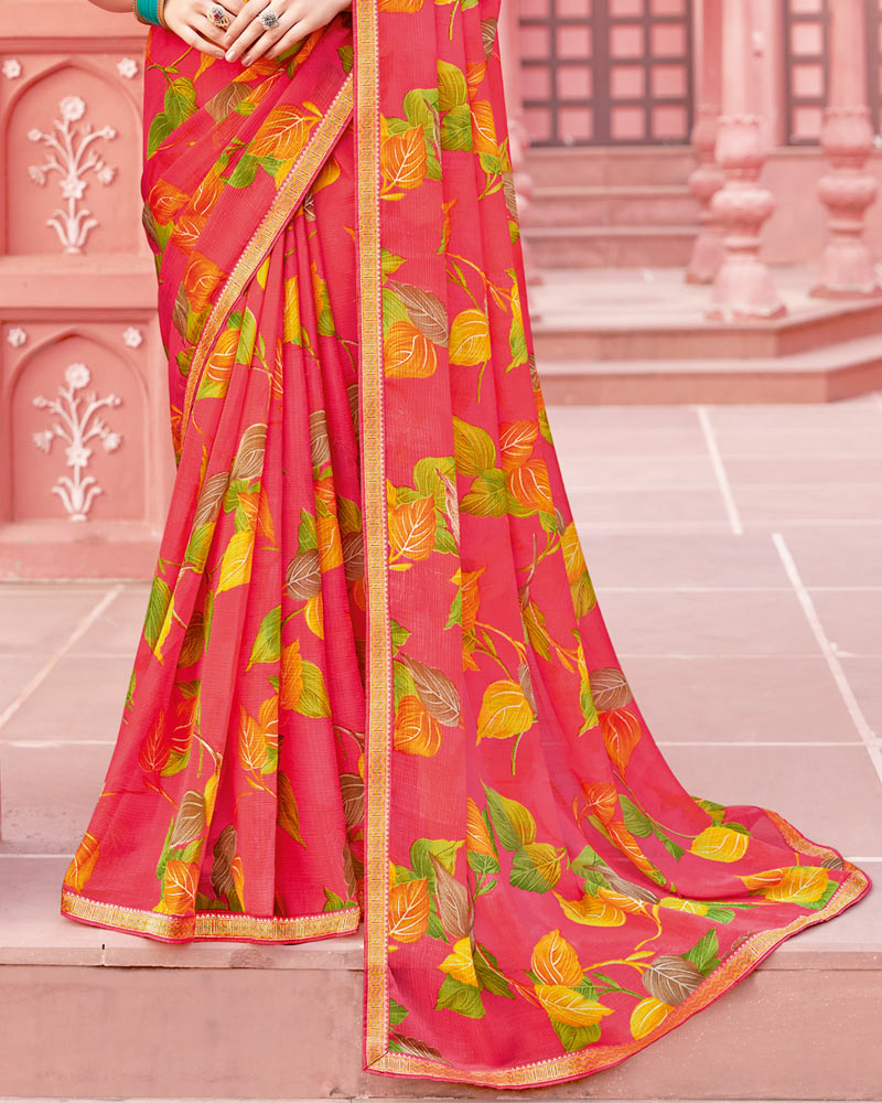 Vishal Prints Pastel Red Printed Chiffon Saree With Fancy Border