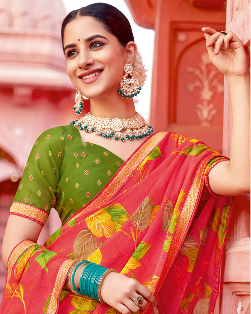 Vishal Prints Pastel Red Printed Chiffon Saree With Fancy Border