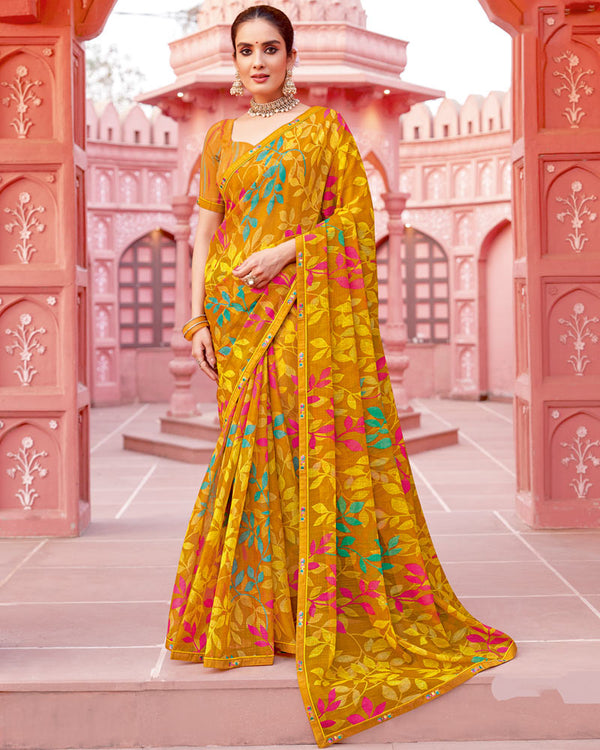 Vishal Prints Yellow Ochre Printed Chiffon Saree With Fancy Border