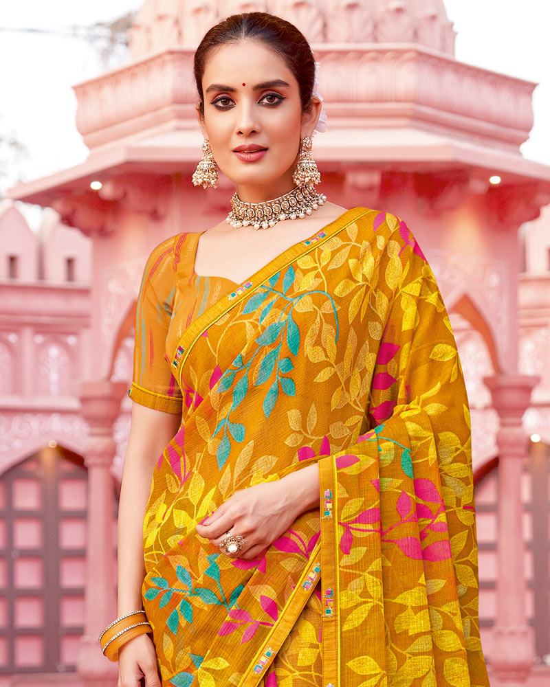 Vishal Prints Yellow Ochre Printed Chiffon Saree With Fancy Border