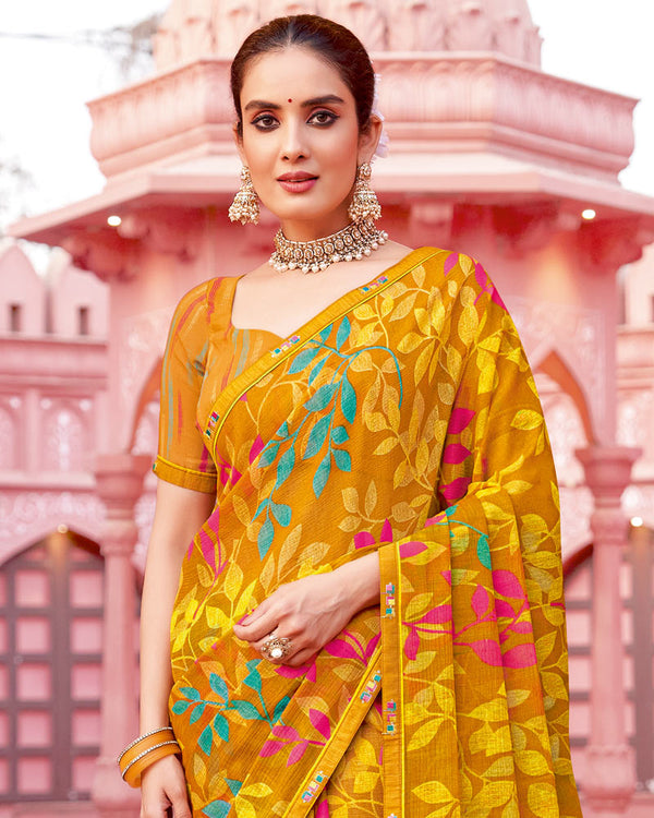 Vishal Prints Yellow Ochre Printed Chiffon Saree With Fancy Border