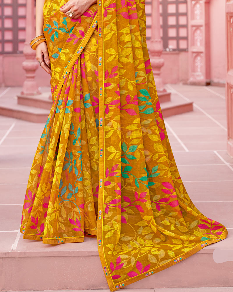 Vishal Prints Yellow Ochre Printed Chiffon Saree With Fancy Border