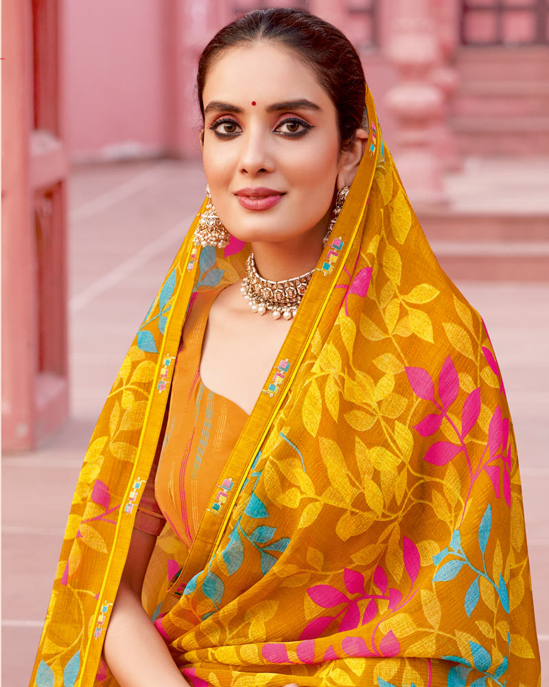 Vishal Prints Yellow Ochre Printed Chiffon Saree With Fancy Border