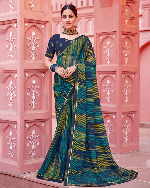 Vishal Prints Light Navy Blue Printed Chiffon Saree With Fancy Border