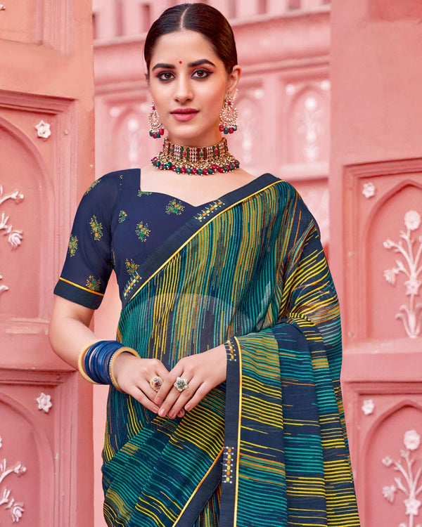 Vishal Prints Light Navy Blue Printed Chiffon Saree With Fancy Border