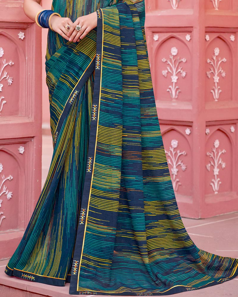 Vishal Prints Light Navy Blue Printed Chiffon Saree With Fancy Border