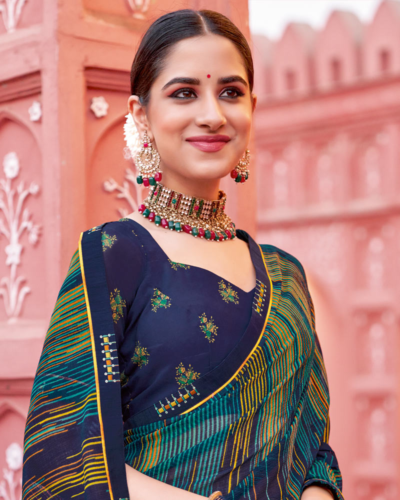Vishal Prints Light Navy Blue Printed Chiffon Saree With Fancy Border
