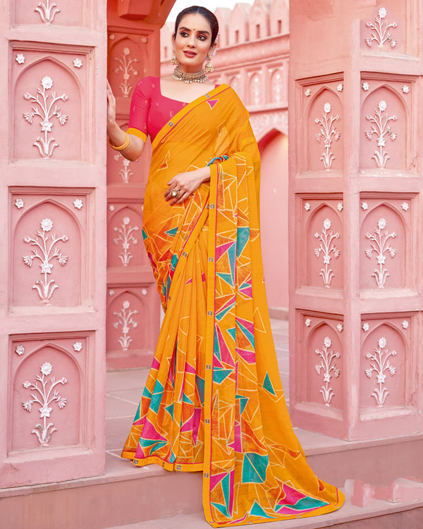 Vishal Prints Yellowish Orange Printed Chiffon Saree With Fancy Border