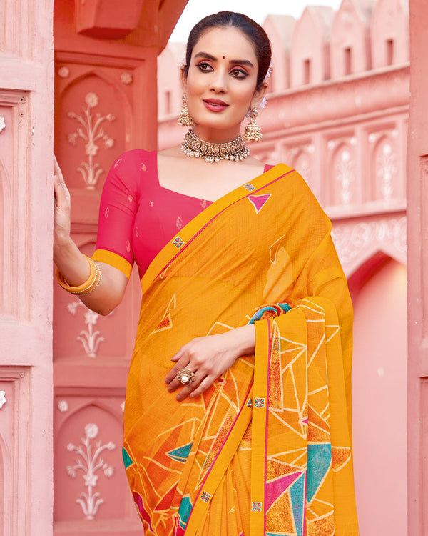 Vishal Prints Yellowish Orange Printed Chiffon Saree With Fancy Border