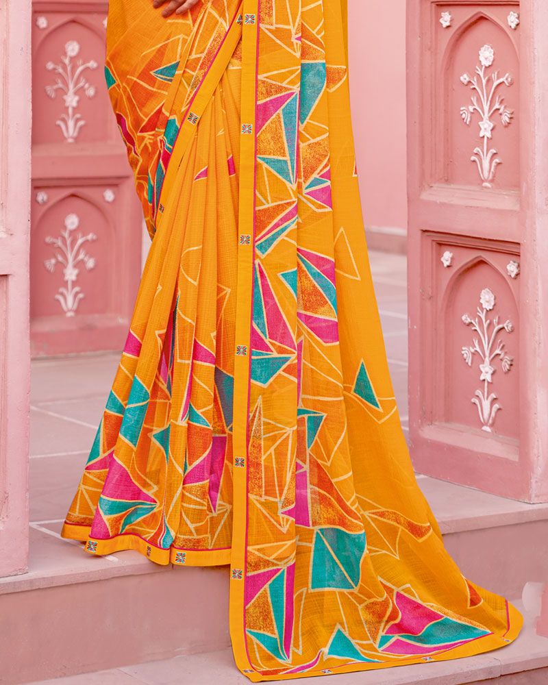 Vishal Prints Yellowish Orange Printed Chiffon Saree With Fancy Border