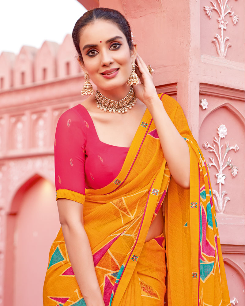Vishal Prints Yellowish Orange Printed Chiffon Saree With Fancy Border