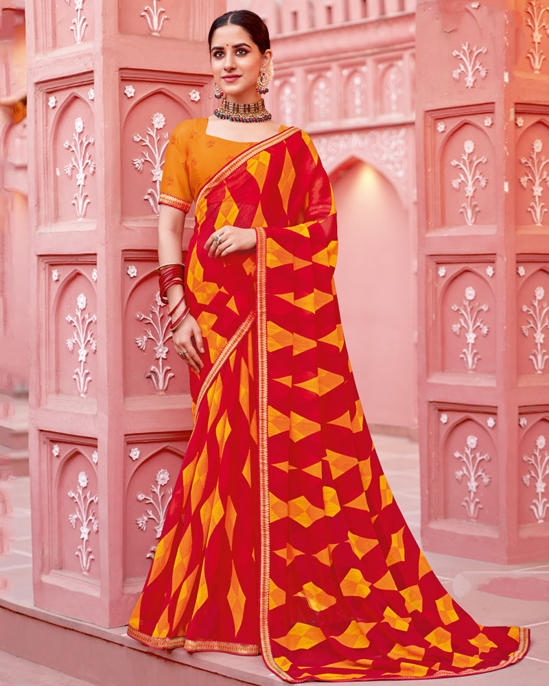 Vishal Prints Lava Red Printed Chiffon Saree With Fancy Border