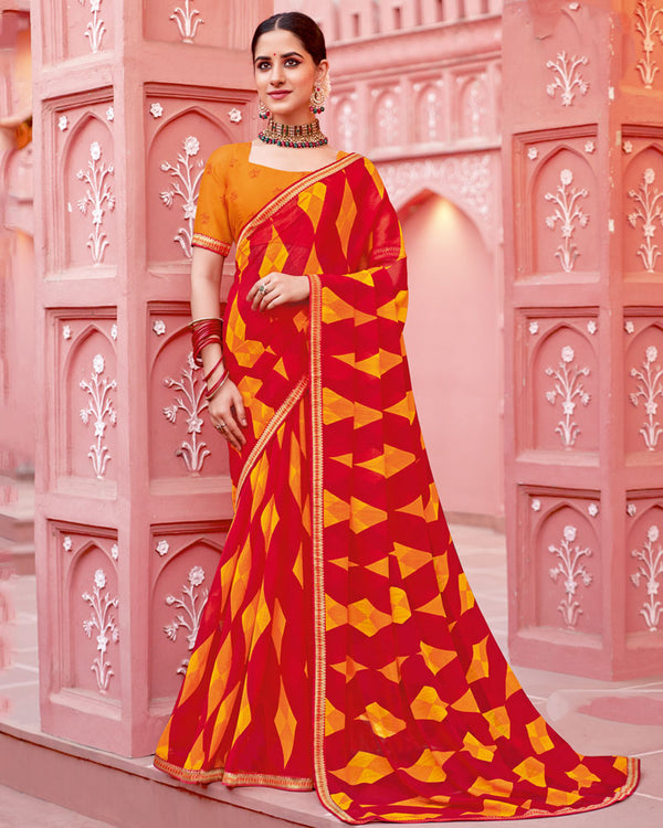 Vishal Prints Lava Red Printed Chiffon Saree With Fancy Border
