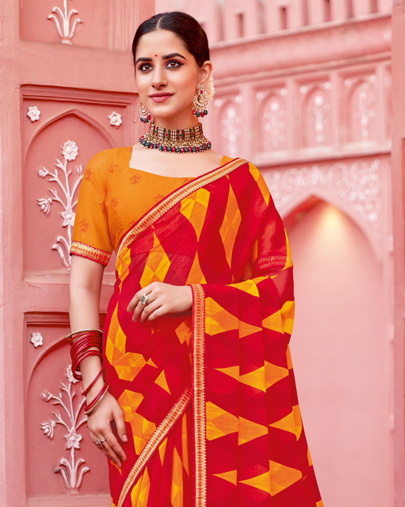 Vishal Prints Lava Red Printed Chiffon Saree With Fancy Border